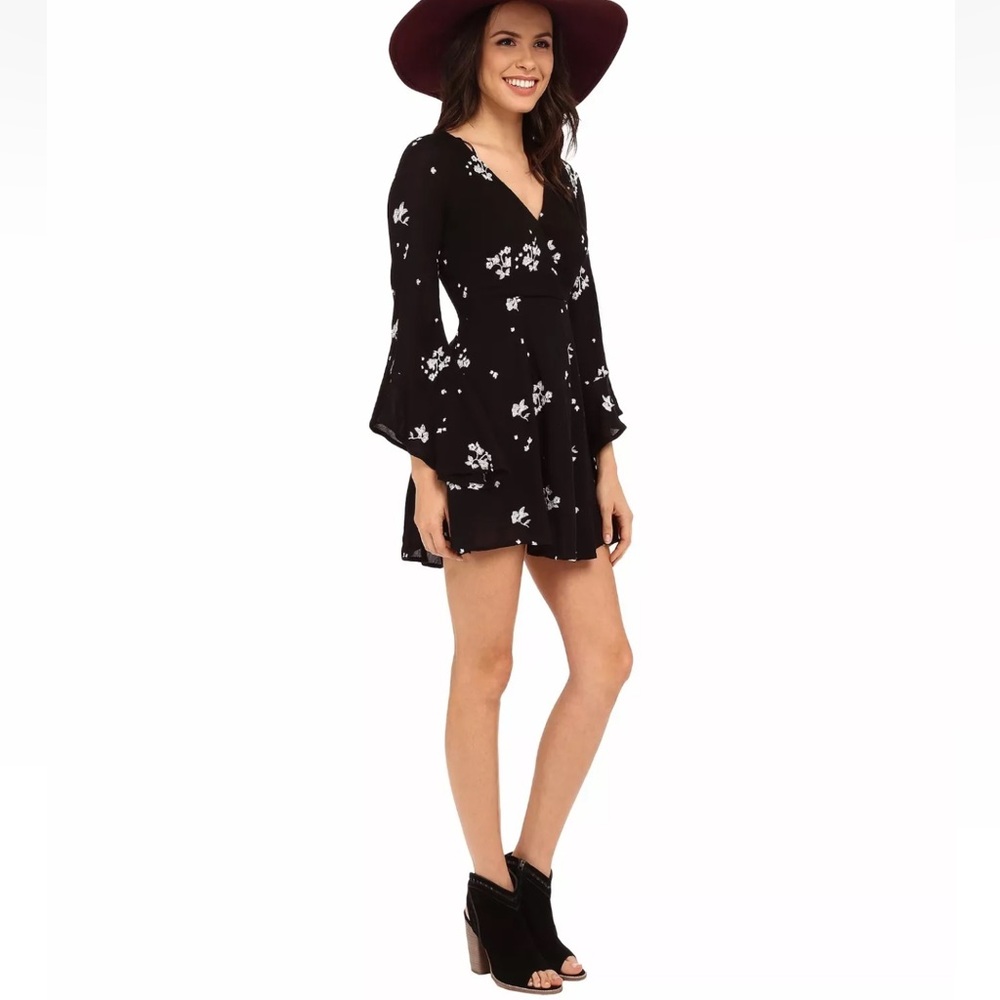 Free People Jasmine Floral Bell Sleeve Mini Dress - Black/White